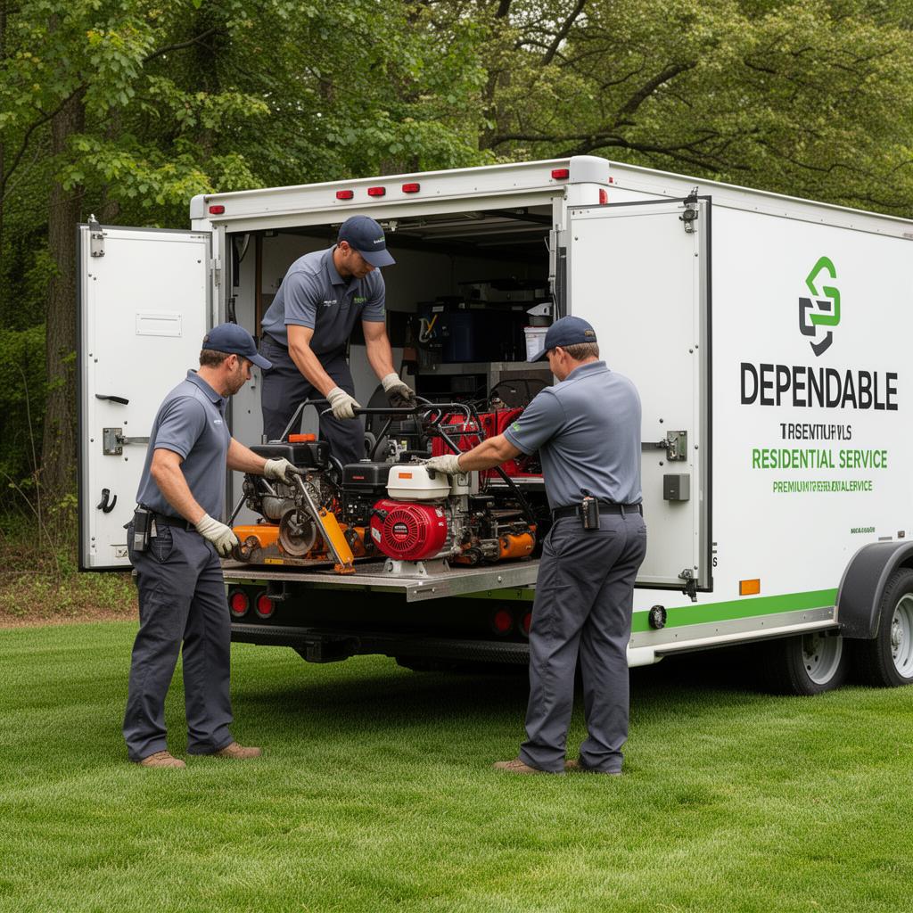 Uniformed crew preparing equipment at the property